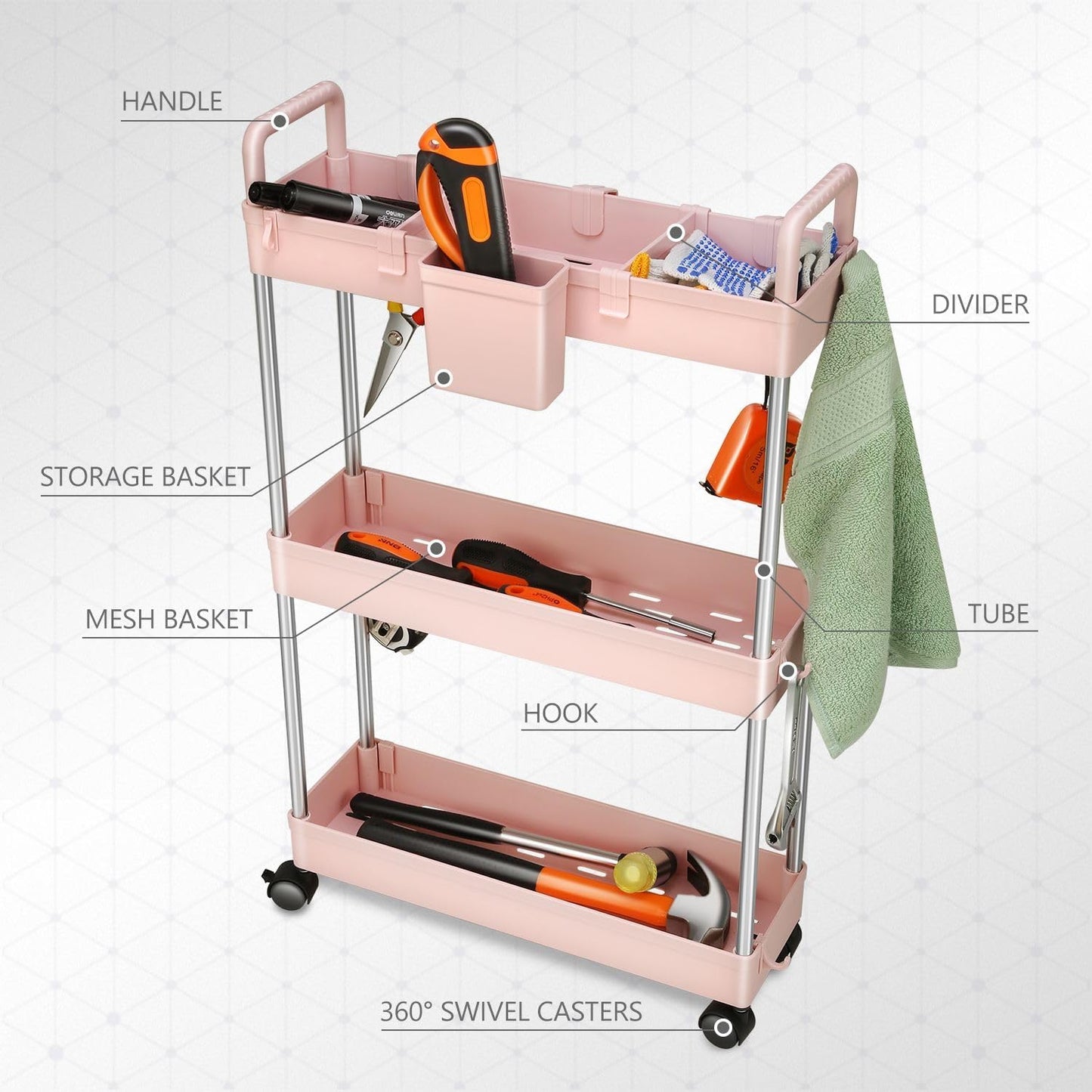 DNA MOTORING 3 Tier Slim Rolling Storage Cart, Plastic Utility Cart Organizer, Mobile Shelving Unit Utility Cart for Garage, Warehouse, Kitchen, Bathroom, Narrow Space, w/Wheel, White, TOOLS-00797-WH