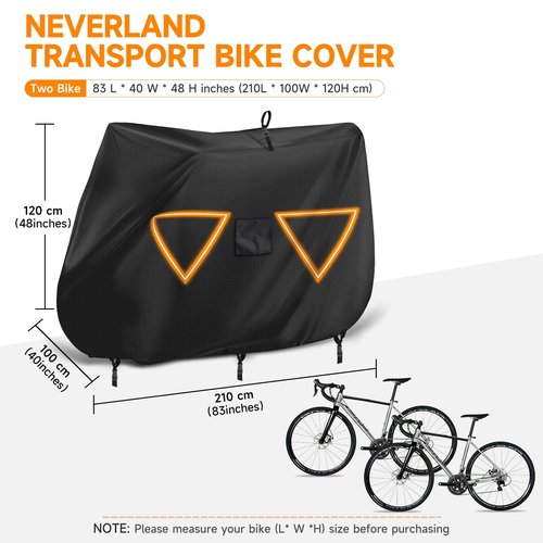 NEVERLAND Bike Cover for Transport on Rack, Bicycle Cover Outdoor Storage Waterproof All Seasons, 600D Oxford Materials, Travel Use for Car, Truck, RV, SUV - Light Night Reflectors for 2 Bikes