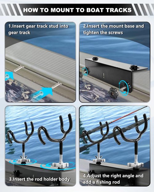 Boat Track System Rod Holder with Power Lock and Track Adapter - Compatible with Most Kayak Tracks - 360-Degree Adjustable Rotation and ALOCK Rod Secure Rig (2 Stand)