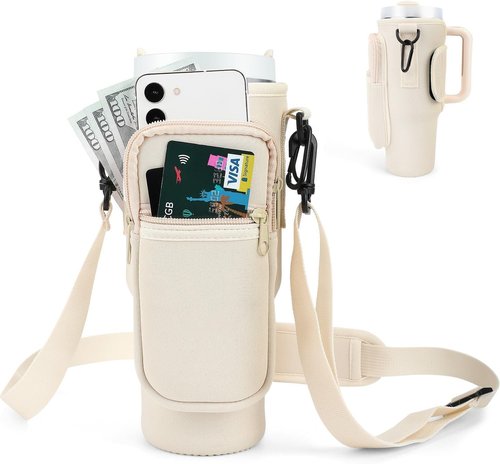 Tumble Tote Cream Water Bottle Carrier Bag for 40/30 oz, Neoprene Insulated Tumbler, with Phone Pocket, Adjustable Strap, and Reinforced Handle, Perfect for Hiking, Travel, and Stanley Cup Accessories