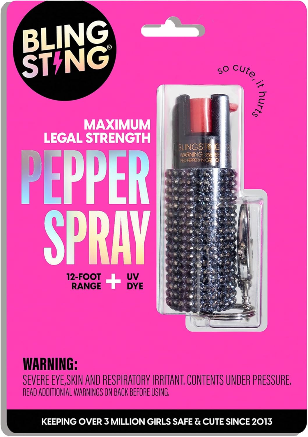 BLINGSTING Pepper Spray for Women - Maximum Strength OC Self Defense Spray - 12 ft Range - UV Marking Dye for Police ID - Swipe Safety Lock - Compact & Fashionable Keychain