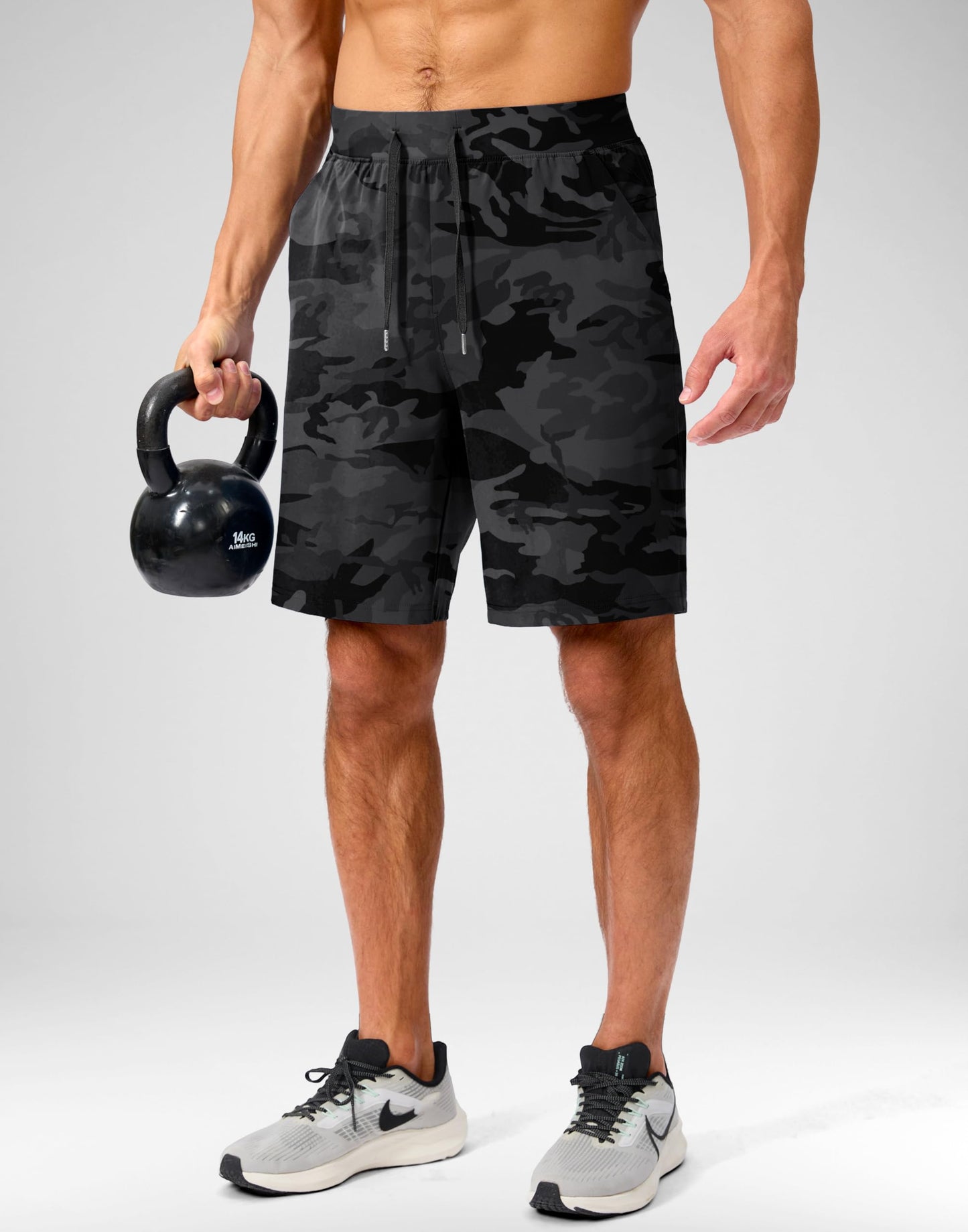 Soothfeel Men's Running Shorts with Zipper Pockets 9 Inch Lightweight Quick Dry Gym Sports Athletic Workout Basketball Shorts for Men (Grey Camo, XL)