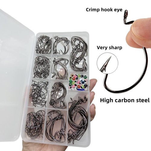 DAMIDEL 220Pcs/Box 2X Strong High Carbon Steel Worm Fishing Hook,8 Sizes Mixed(5/0,4/0,3/0 2#,4#), Senko Soft Bait Fish Hook Set for Bass,Barded Design,25 Pcs Eye Beads Bait