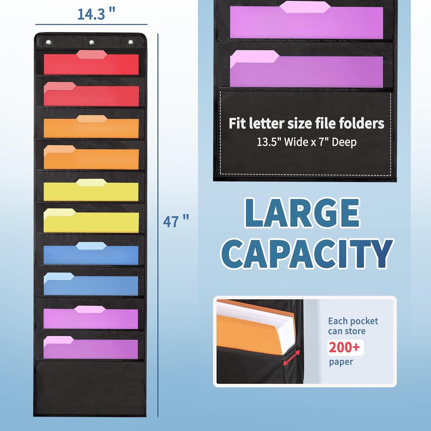 Annecy 10 Pockets Hanging Wall File Organizer, Black Storage Pocket Chart for File Folder and Paper, Space Saver for Office and Classroom, with Wall Hangers, Over The Door Hooks, Labels