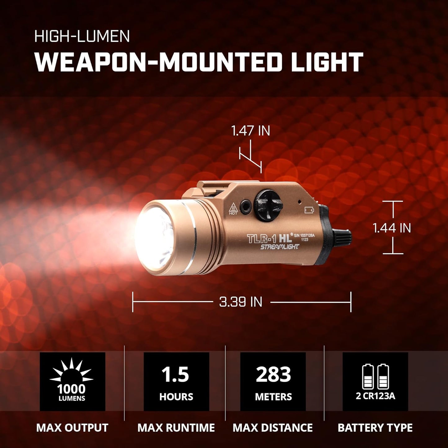Streamlight 69266 TLR-1 HL 1000-Lumen 20000 Candela Rail-Mounted Tactical Weapon Light with Specific Compatibility Rail Locating Keys, Flat Dark Earth