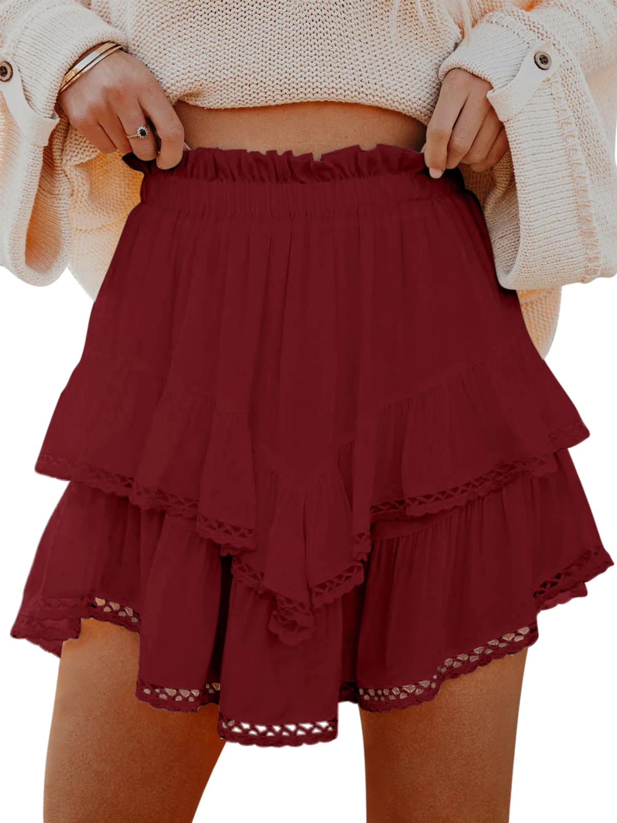 Aoudery Flowy Shorts for Women Casual Boho Ruffle Tiered Skorts High Waist Mini Skirts Golf Tennis Butterfly Crochet Shorts - Red XS