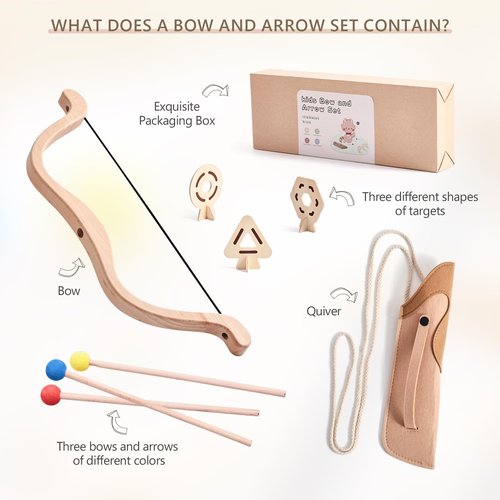 Etucdose Kids Bow and Arrow Set | Wooden Archery Toy for Kids | Includes 3 Arrows, 3 Targets, 1 Quiver | Indoor and Outdoor Archery Bow Gift Toys for Boys and Girls Aged 3+ Wooden Toys