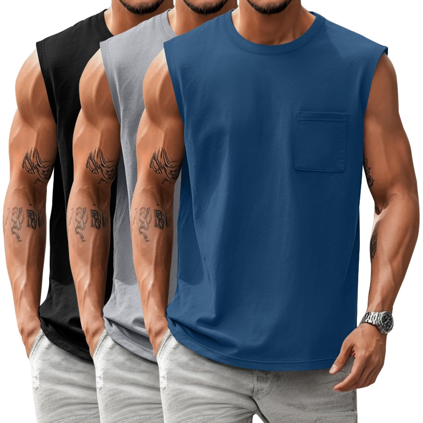 Huukeay 3 Pack Cotton Men's Big and Tall Sleeveless Tank Tops Muscle Shirts Gym Casual Workout Tees with Pocket(Black, Light Gray, Blue,X-Large)