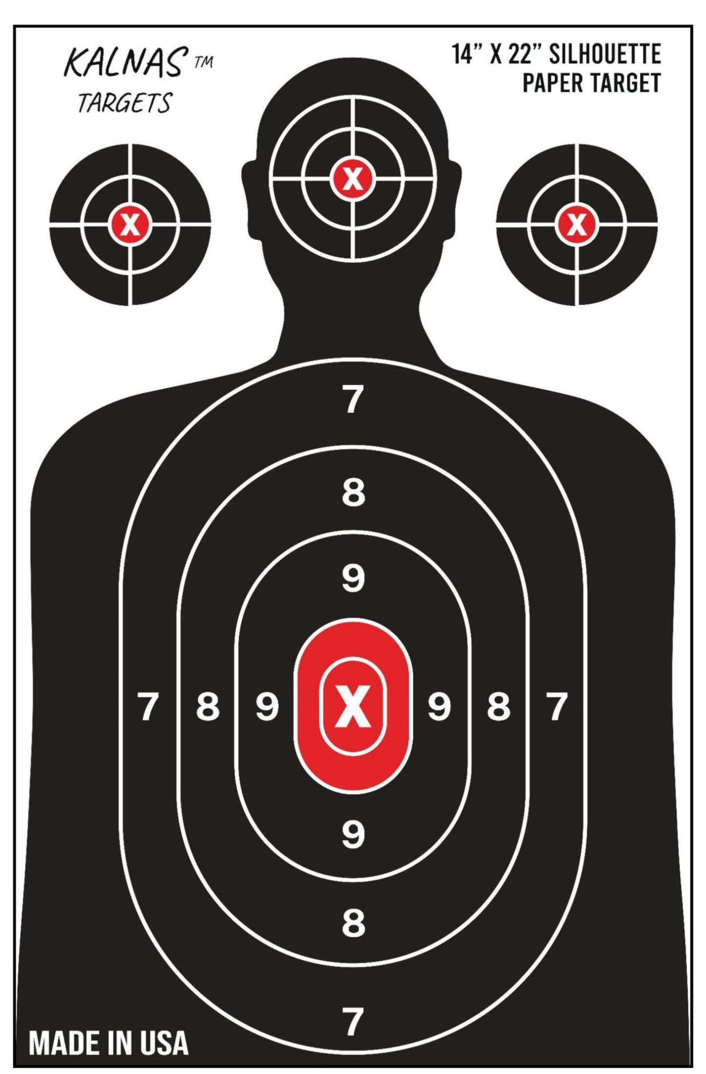 Kalnas Shooting Targets Paper, 14 x 22 inch, Bulk for Hunting, Handguns, Pistols, Rifles, Silhouette with Red Bullseye, Black & Red Design, Made in USA, Packs of 25-50-100 Shooting Targets (25)