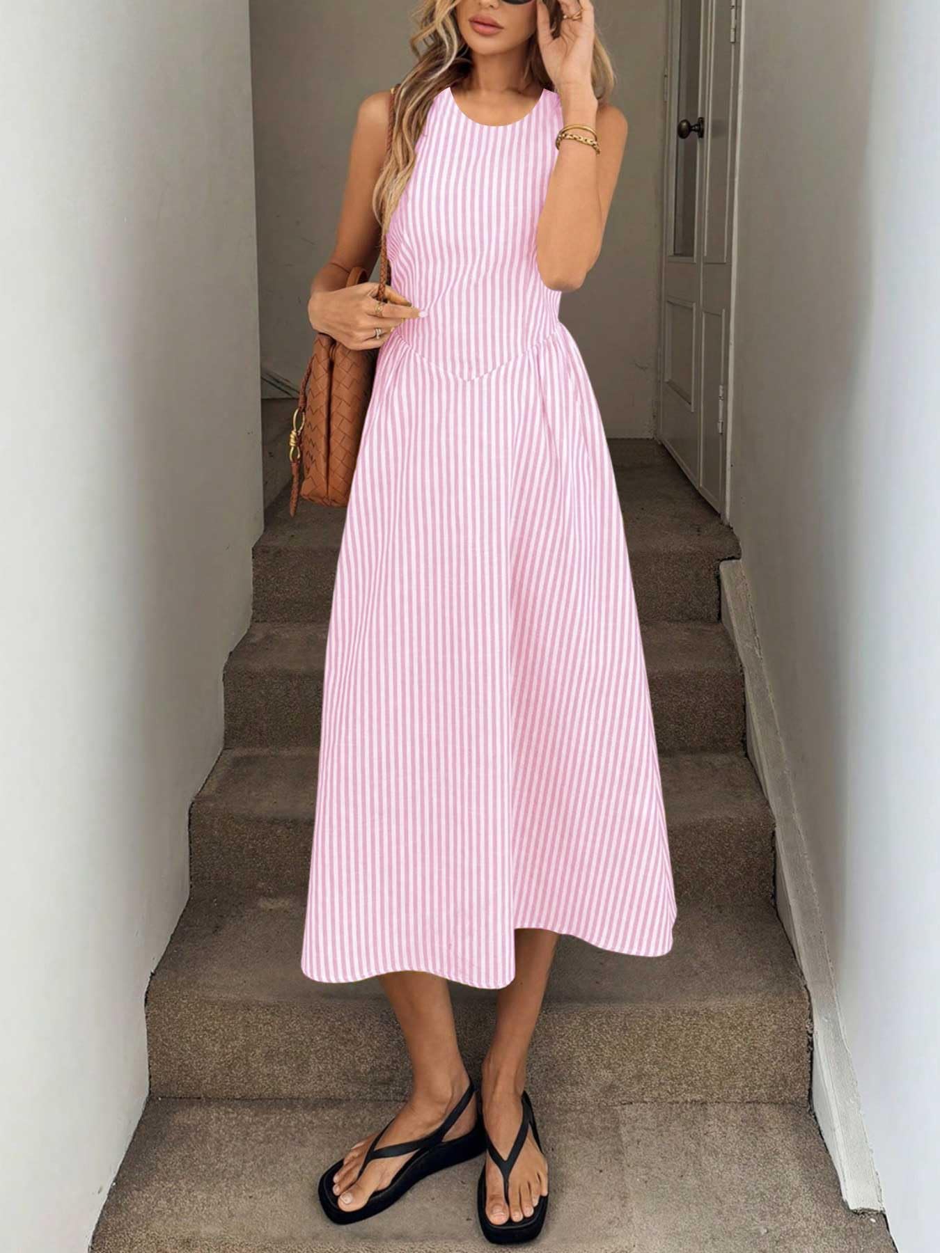 chouyatou Women's Sexy Sleeveless Striped Pleated Dress Drop Waist Flared Swing Midi Long Tank Sun Dress (Medium, Pink)