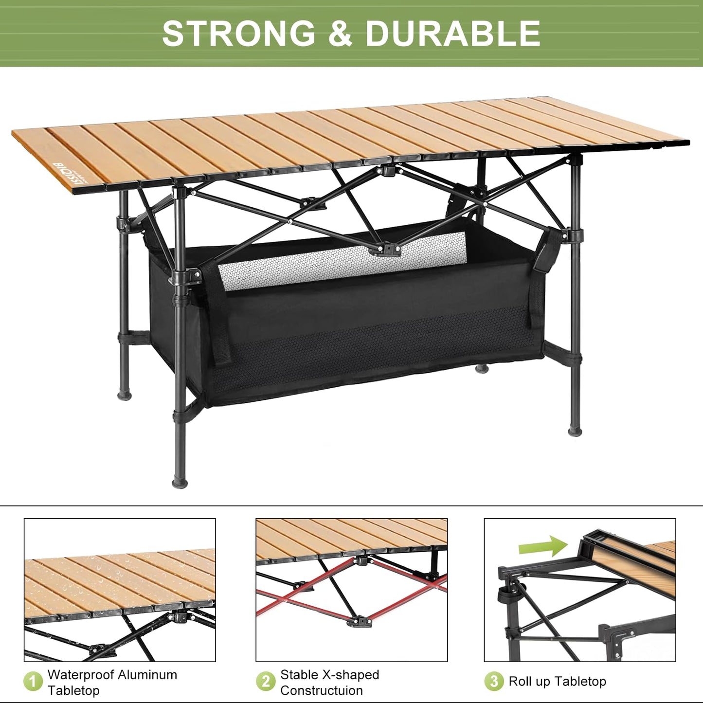 Folding Camping Tables That Fold Up Lightweight,Aluminum Roll Up Camping Table for 4-6 Person Camp Table with Large Storage and Carrying Bag for Outdoor, Picnic, Backyards, BBQ, Beach, 220 Lbs, Oak