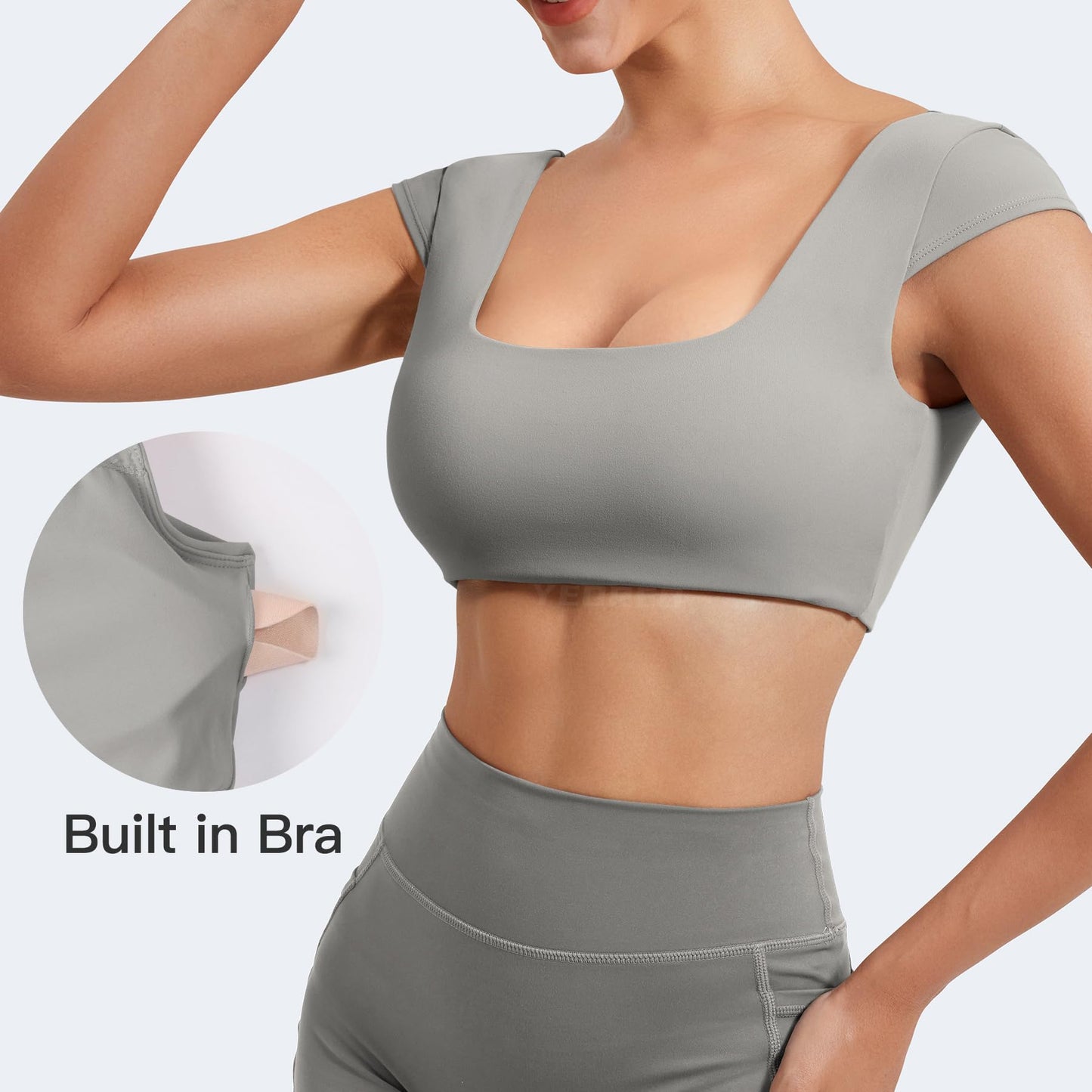 YEOREO Womens Square Neck Tank Tops Backless Summer Built in Bra Workout Crop Cap Sleeve Slice Casual Going Out Shirts Light Grey L