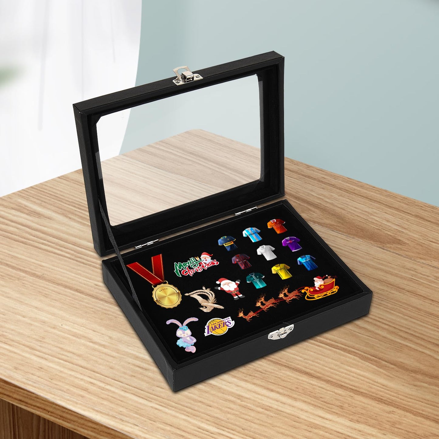 Dustproof Pin Display Case PU Leather 8''x6'' Pin Display Board Shadow Box Frame with Hooks and Wood Frame For Enamel Pin, Military Medals, Jewelry Pins, Pin Badge Collection, Rings, Necklaces (Black)
