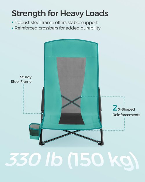 SONGMICS Set of 2 Portable Beach Chairs for Adults, Max. Load 330 lb Each, High Backrest, Cup Holder, Lightweight, Heavy-Duty, Green UGCB067C01V1