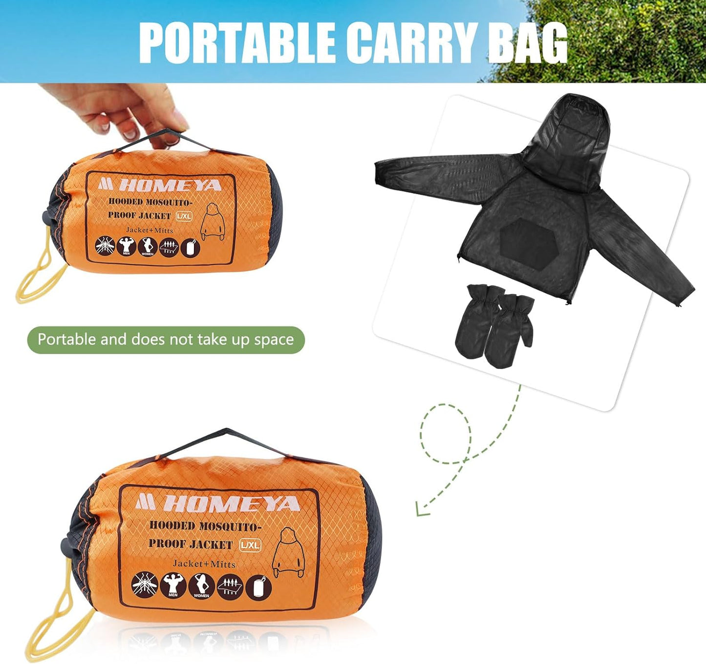 HOMEYA Bug Jacket L/XL, Anti Mosquito Netting Suit with Zipper on Hood Ultra-fine Mesh Pants Mitt Socks with Free Carry Pouch for Protecting Hunting Fishing Men Women