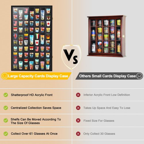 Black Shot Glass Display Case Large 61 Slots Glass Display Holder Wall Mounted Storage Shadow Box with UV Protection Acrylic Glass Door for Room Decor
