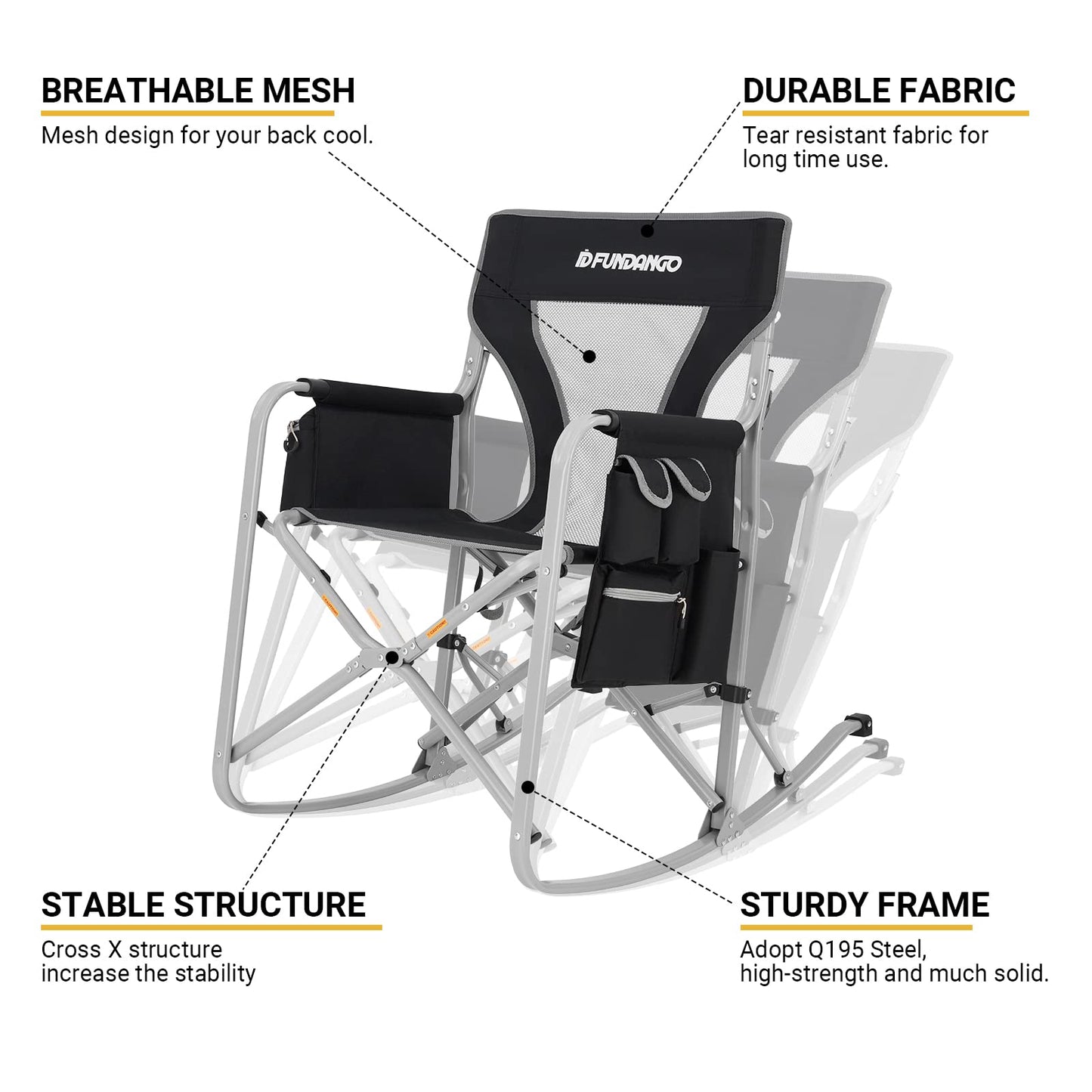 FUNDANGO Rocking Camping Chair，Portable Foldable Camping Chair, Oversized Camp Chair with Padded Back and seat, Cooler Bag for Adults Outdoor Travel