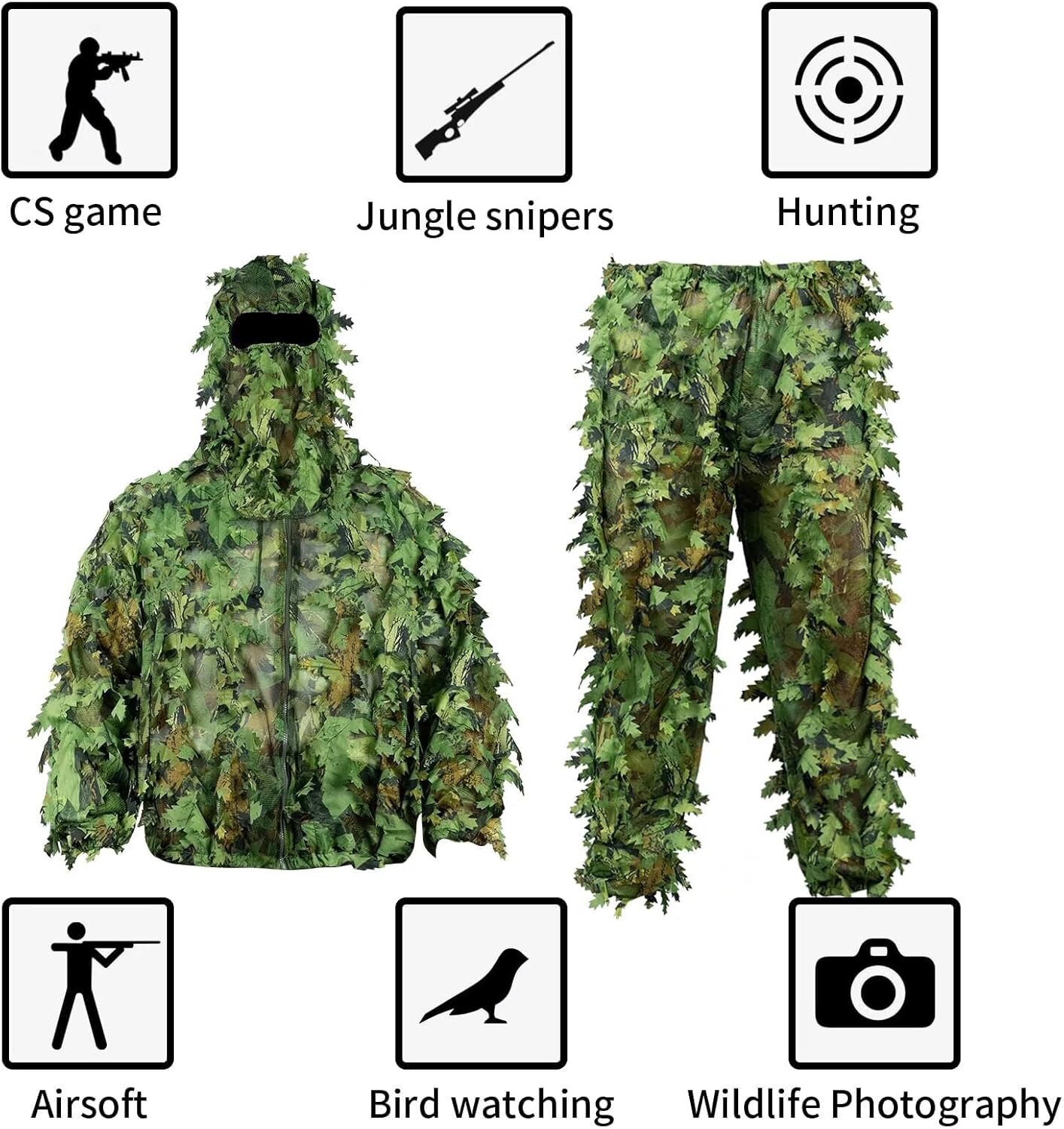 HYOUT Hooded Ghillie Suit Camo Suit Woodland Forest Military 3D Green Leafy Clothing Costume for Jungle Halloween Party
