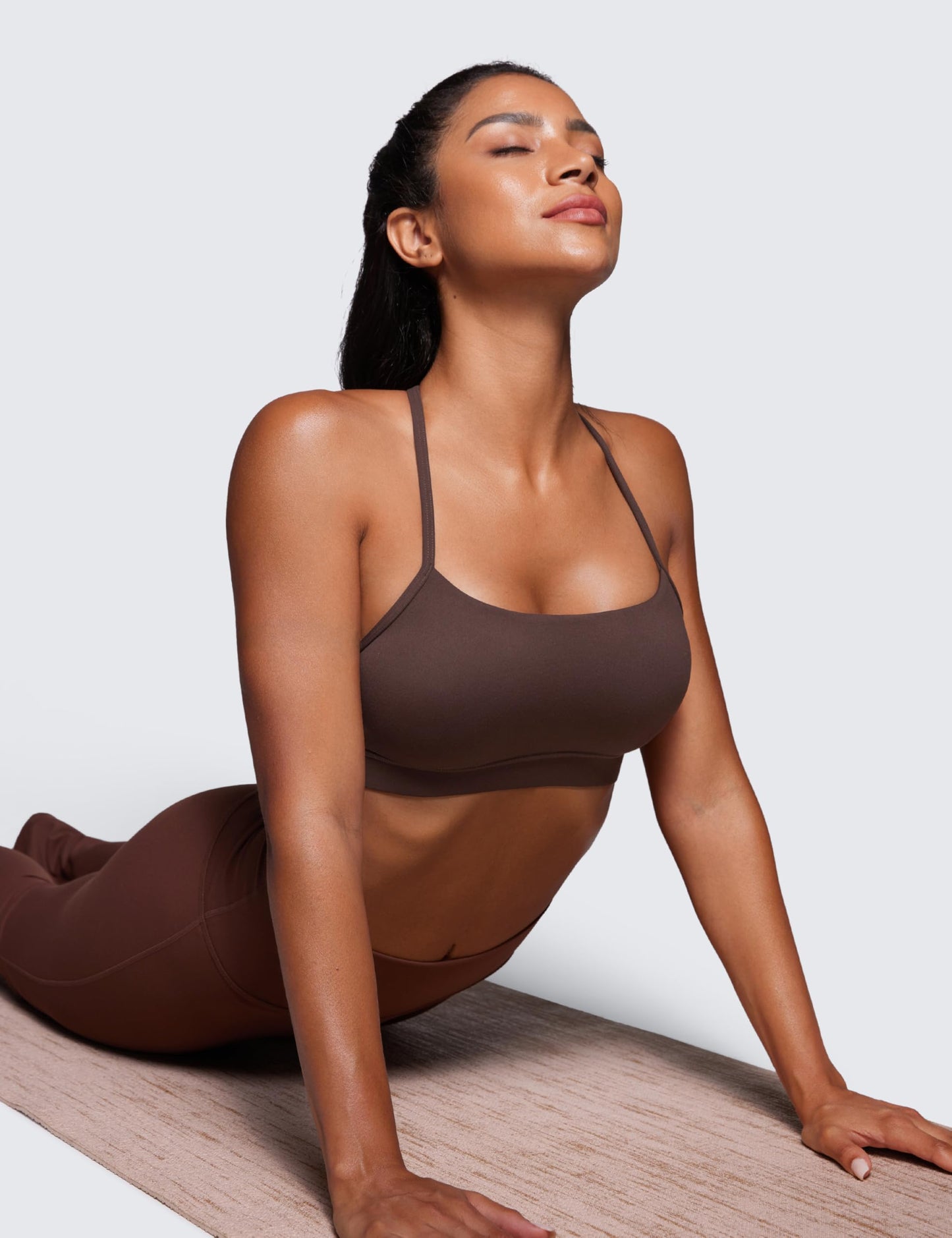 CRZ YOGA Butterluxe Y Back Sports Bras for Women - Padded Racerback Low Impact Spaghetti Thin Strap Workout Yoga Top Hot Fudge Brown Large
