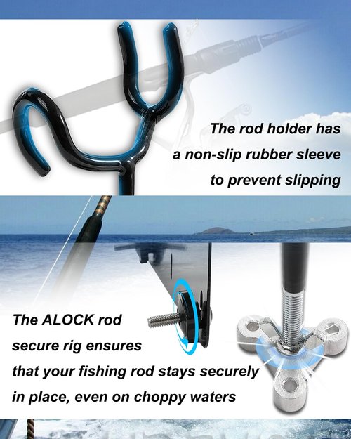Boat Track System Rod Holder with Power Lock and Track Adapter - Compatible with Most Kayak Tracks - 360-Degree Adjustable Rotation and ALOCK Rod Secure Rig (2 Stand)