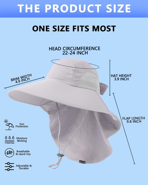 SENWAI Womens Sun Hat Outdoor UV Protection Wide Brim Fishing Hat with Ponytail Hole Neck Flap for Beach Hiking Camping, Light Gray