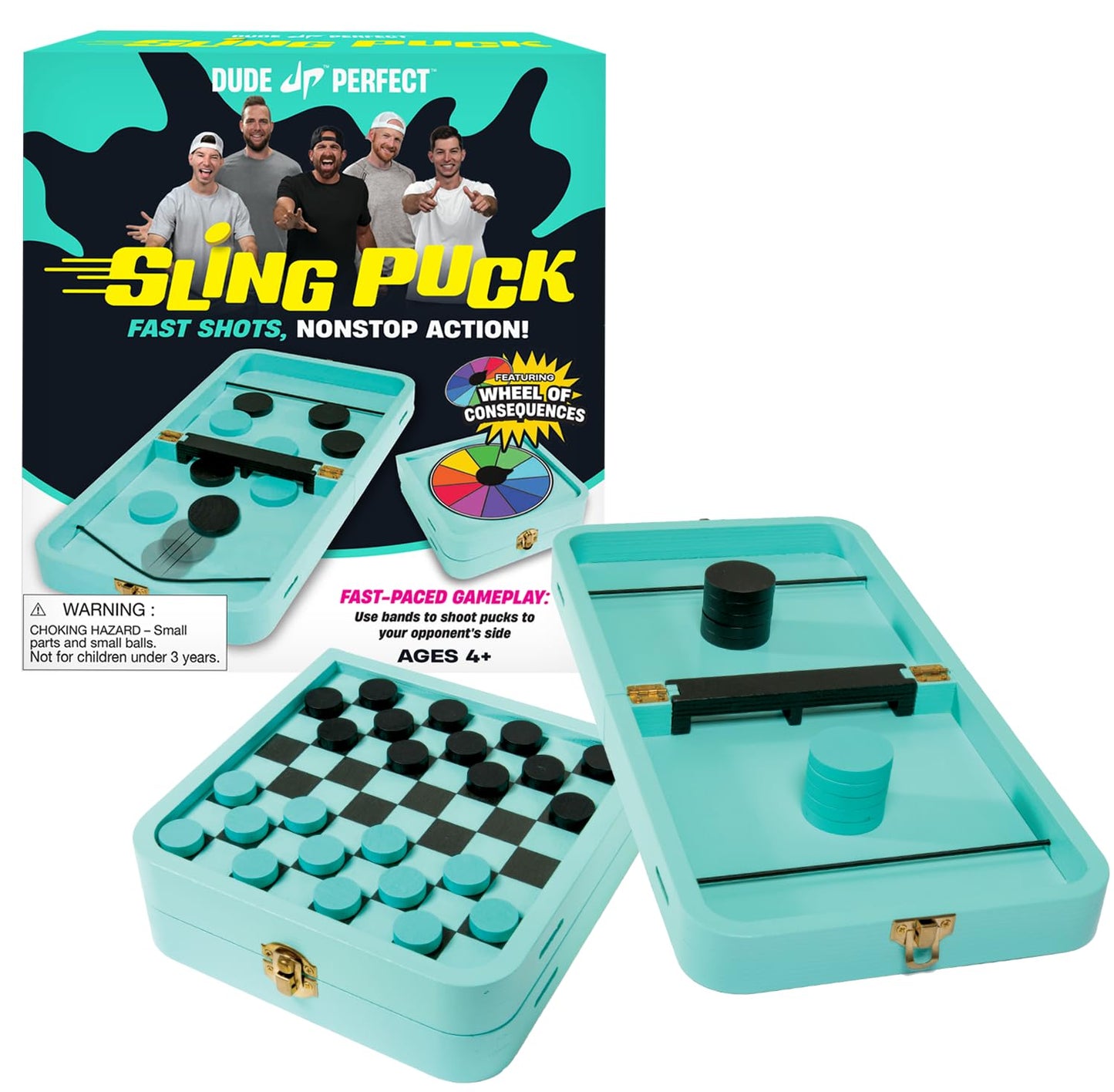 Dude Perfect Sling Puck & Checkers Game Set: Fast-Paced Action for Kids and Adults, Perfect for Family Game Nights, Parties, and Gifts, Ages 4+