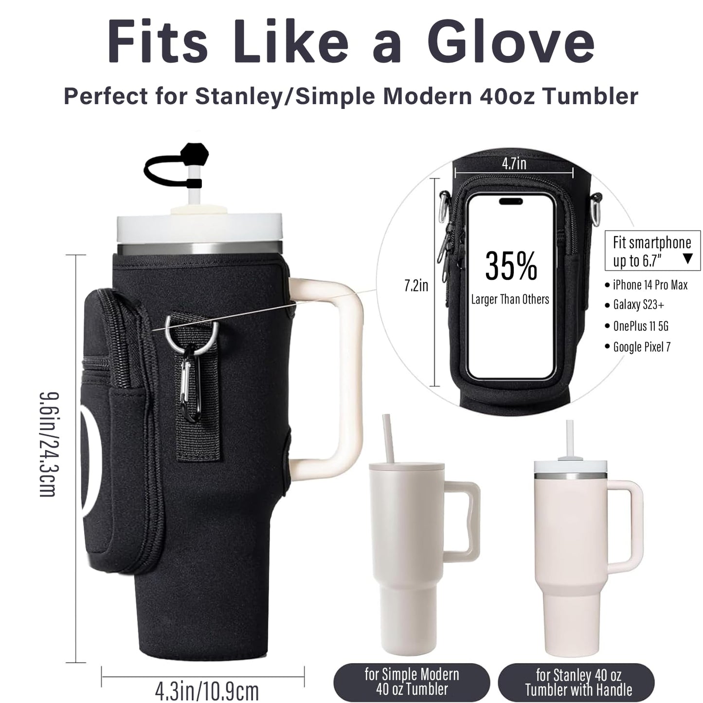 Adoryoung Stanley Cup Holder with Strap, 40 oz Stanley Cup Bag Carrier for Tumbler, Water Bottle Carrier Holder Sling Bag with Phone Pocket, Adjustable Strap& Straw Cover, Stanley Cup Accessories (M)