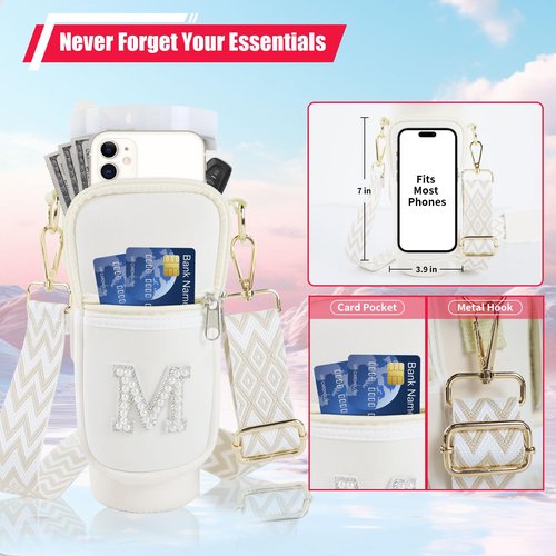 Initial A-Z Water Bottle Carrier Bag with Strap for Stanley 40oz Tumbler, Personalized Water Bottle Holder Pouch with Pearl Letter Phone Pocket for Stanley Cup Accessory Custom Gift for Women Beige P
