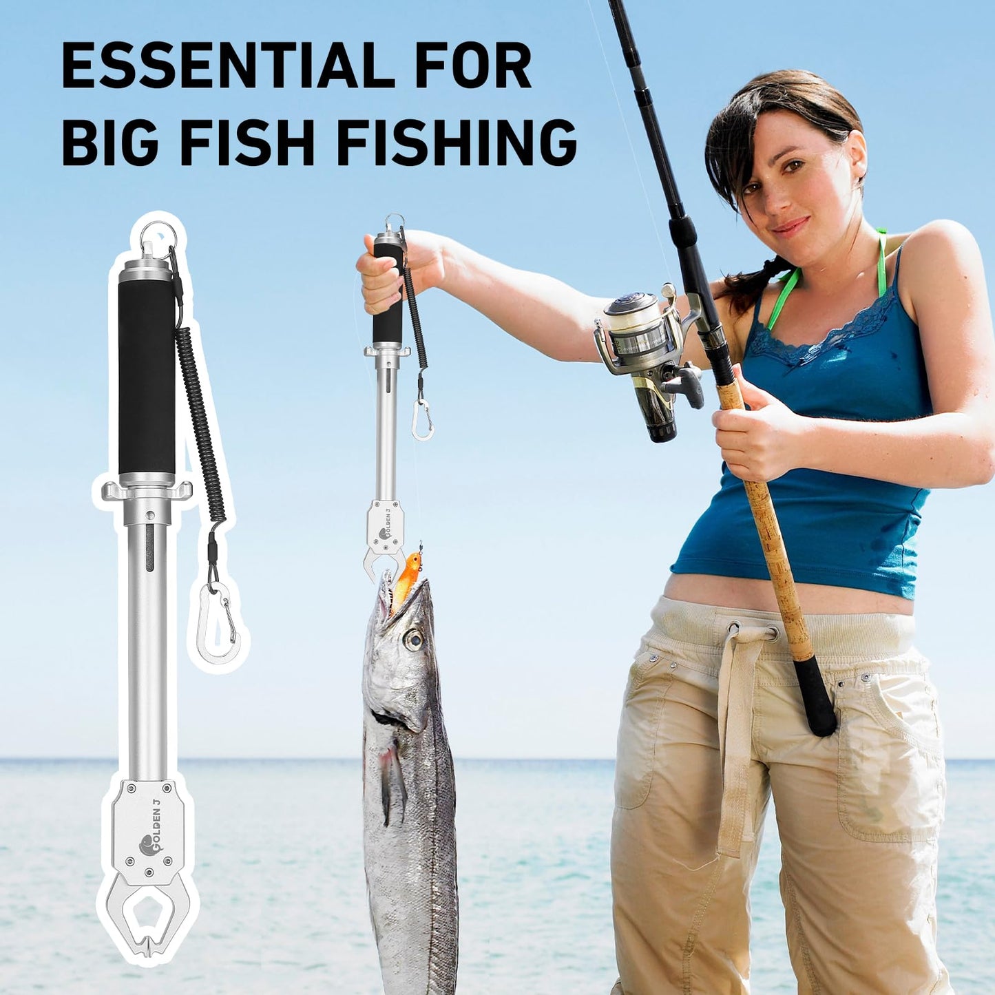 GOLDEN J 16" Fish Lip Gripper - Heavy-Duty & Saltwater Proof, Aircraft-Grade Aluminum Alloy, 60LB Capacity, Non-Slip 360° TPR Swivel Handle & Anti-Escape Push Rod, for Surf, Ice, Fresh/Saltwater