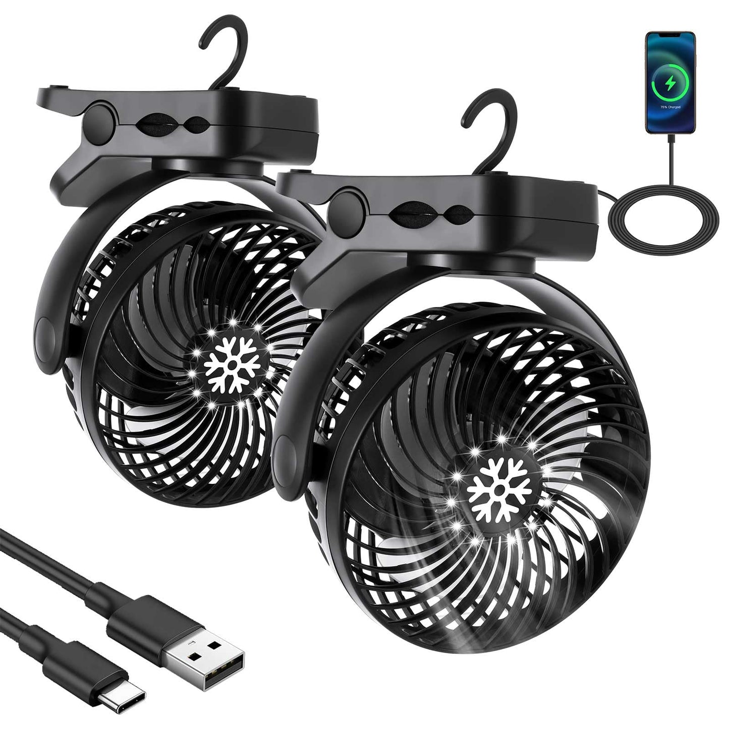 Glooglitter 2 Pcs Portable Camping Fan with LED Lantern and Hook, Rechargeable Portable Fan 3 Speeds Battery Powered Fan Clip on Fan for Bed 5000mah USB Small Desk Fan Tent Fan for Camping Car, Black