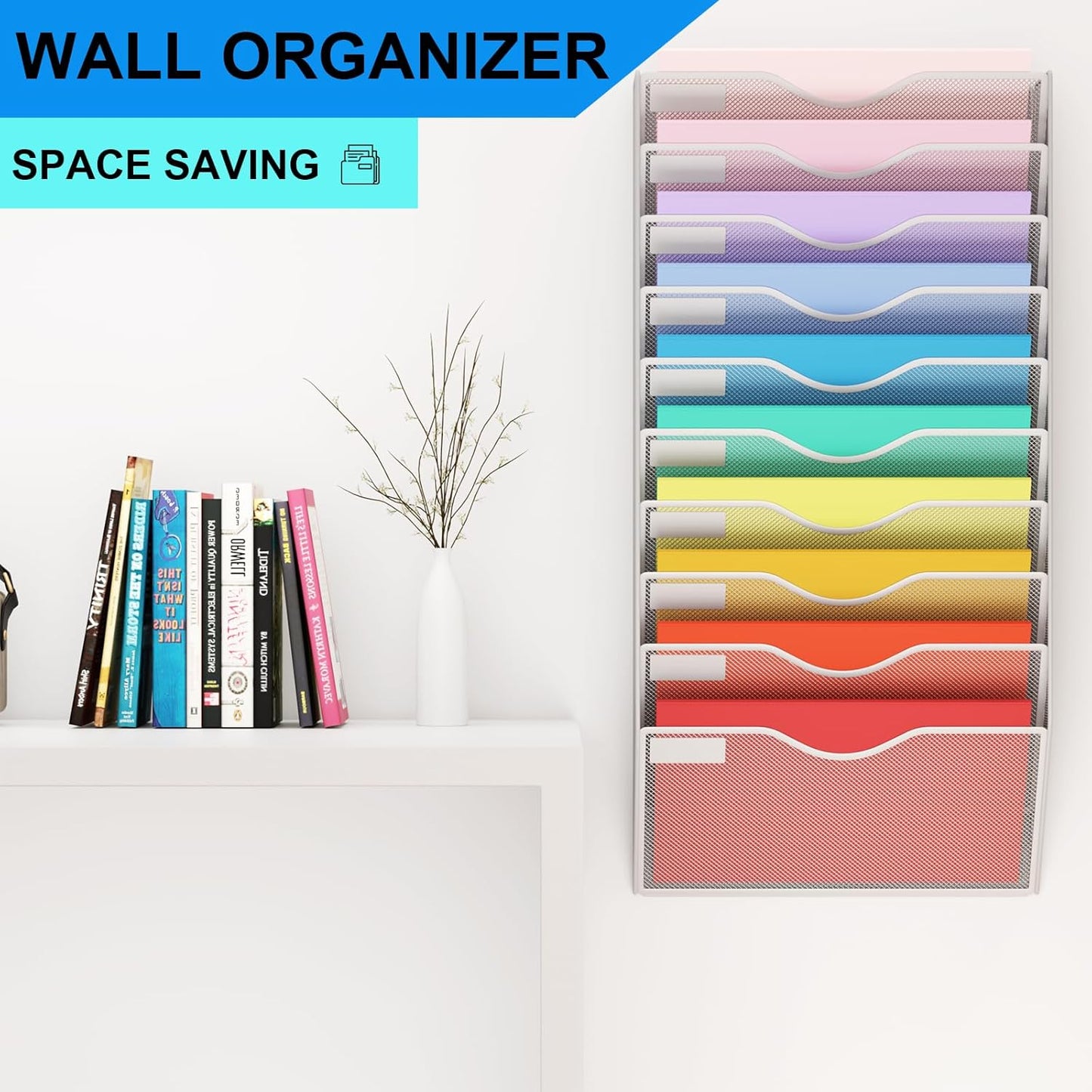 5 Pockets Mesh Hanging Wall File Holder Organizer Wall Mounted Paper Magazine Rack, Black