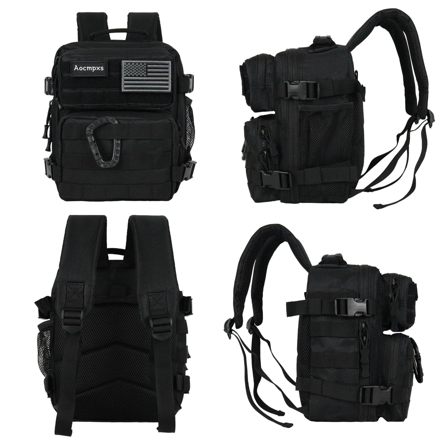 Aocmpxs Mini Tactical Backpack, 9L Small Gym Backpacks Sport Bag for Men Women Molle Military Pack with US Flag Patch and Carabiner (Black)