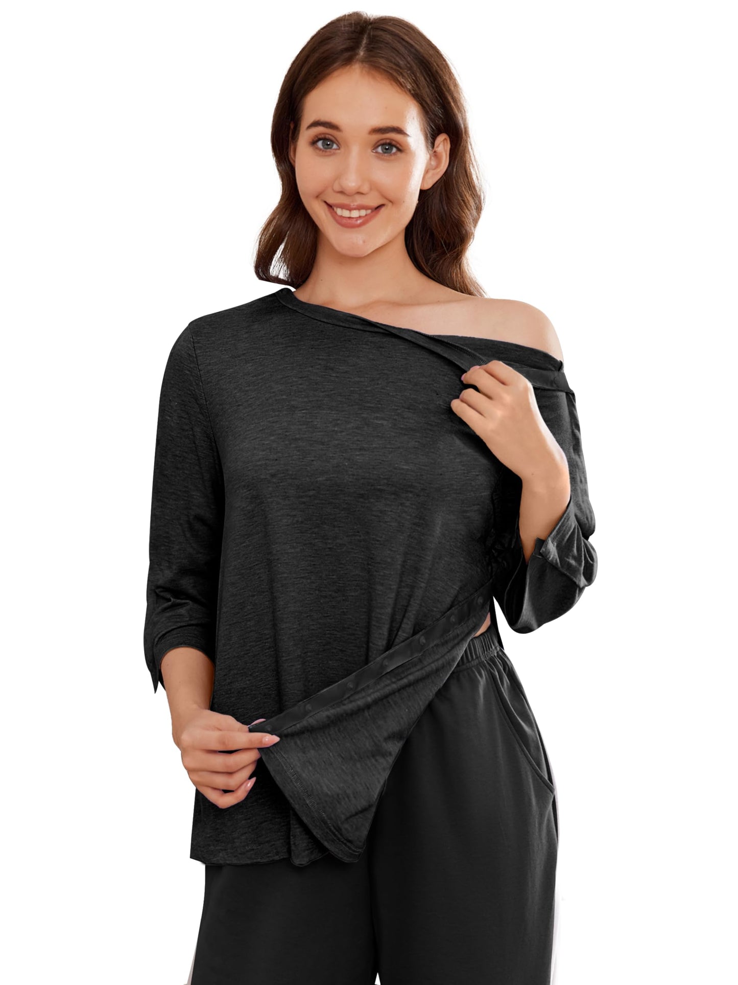 Deyeek Post Shoulder Surgery Shirts for Women Tear Away Snap Recovery Shirt Women Full Snap Access Dialysis Chemo Clothing 3XL