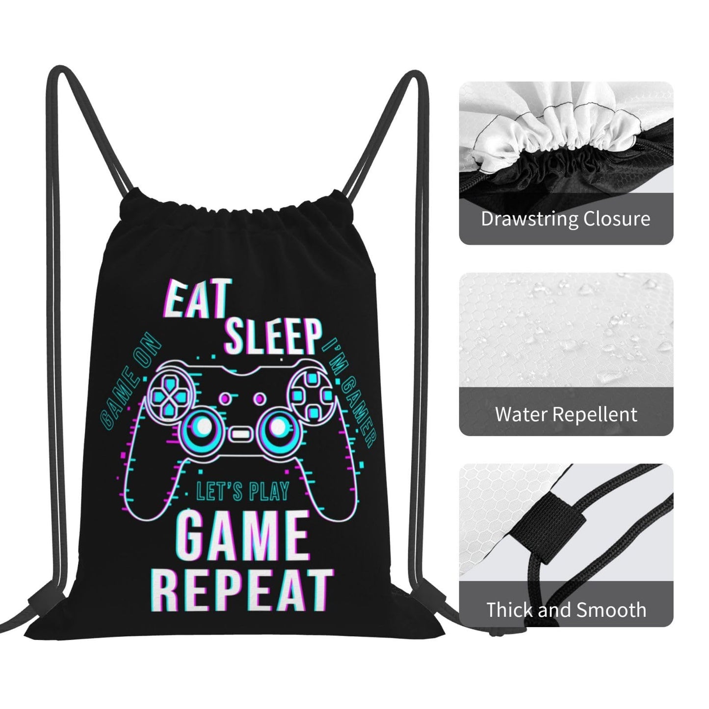 AIMASTZ Eat Sleep Game Repeat Unisex Drawstring Backpack Bag Sport Gym Swim Travel Sackpack