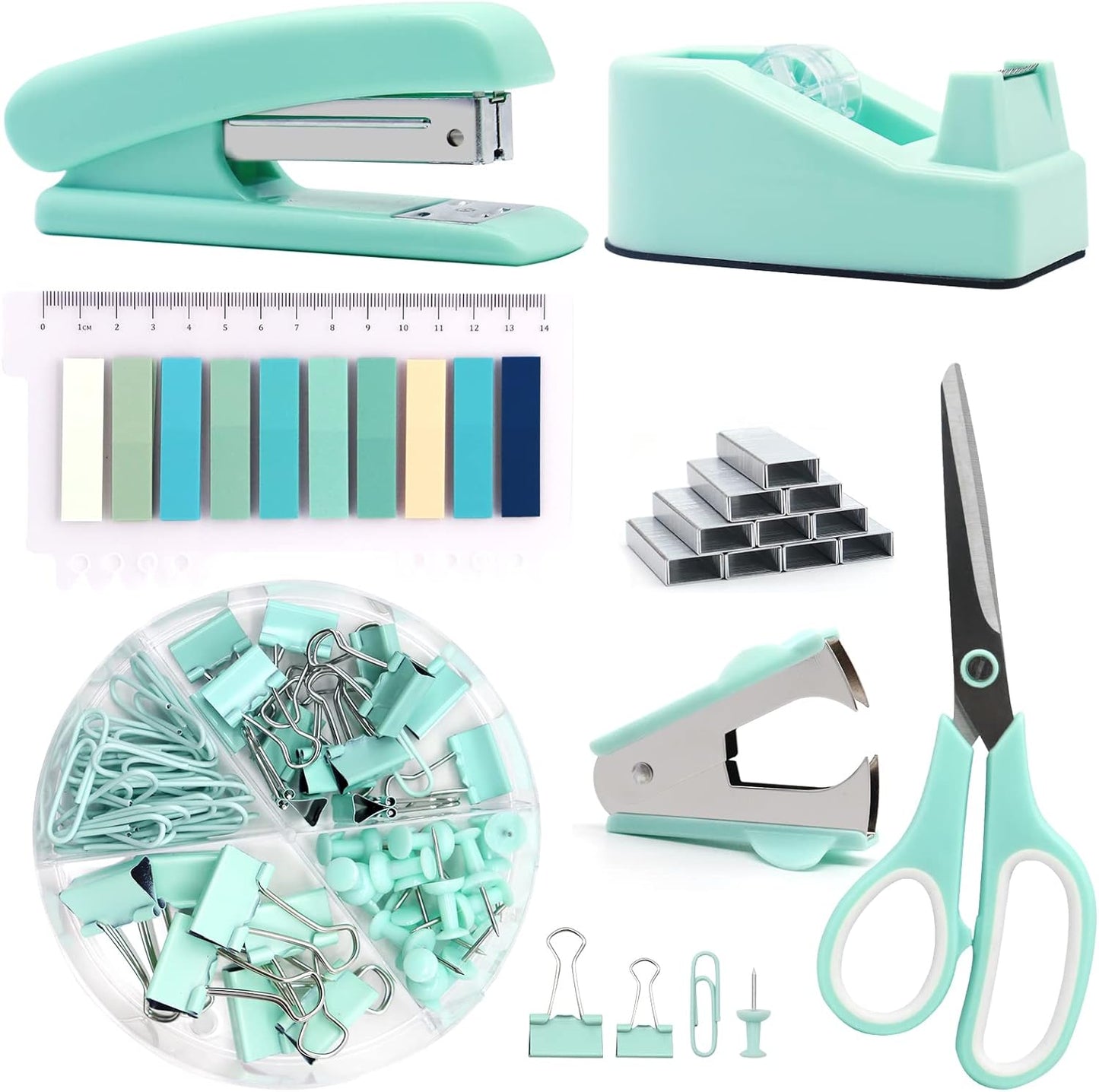 White Office Supplies, UPIHO White Desk Accessories, Stapler and Tape Dispenser Set for Women with Stapler,Tape Dispenser, Staple Remover, Staples,Scissor and Tabs for Students Office Clerks