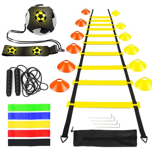LangRay Speed Training Equipment Set, 20ft Agility Ladder, 10 Disc Cones, 5 Resistance Bands, 1 Jump Rope, 1 Football Trainer, Soccer Basketball Fitness Training Gifts for Kids Youth Adults