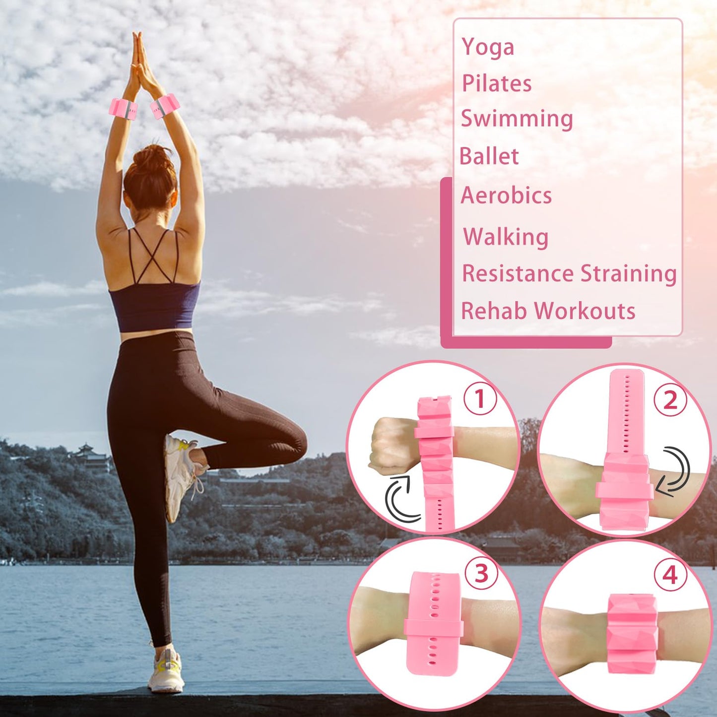 ANYEEK Pink Ankle & Wrist Weights: Adjustable 2lbs (1lb Each) for Women & Men - Walking, Pilates, Yoga Workout at Home - Hand Weights for Women at Home, Set of 2 (1lb Each)