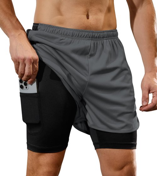 SILKWORLD 2 Pack Men's 2 in 1 Running Shorts Stretch Athletic Workout Gym Compression Shorts with Pockets, Black/Dark Grey, Large