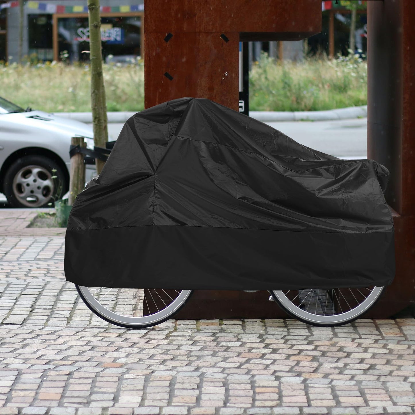AkiiGer Adult Tricycle Cover Waterproof Outdoor, Bike Covers for 2 Bicycles, Sun Dust Wind Proof Bicycle Cover with Lock Hole, 90.6"L, Ripstop Material, Easy to Carry-Black