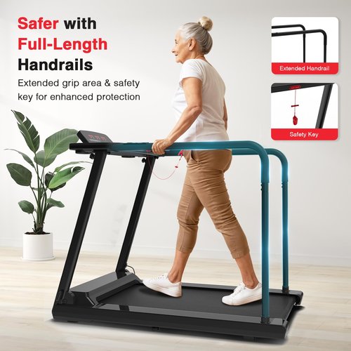 Redliro Treadmill for Seniors with Long Handrails - Flat 0% Incline Recovery Walking Treadmill with Desk, Cup Holder & Wheels - 300 lbs Capacity for Home Exercise