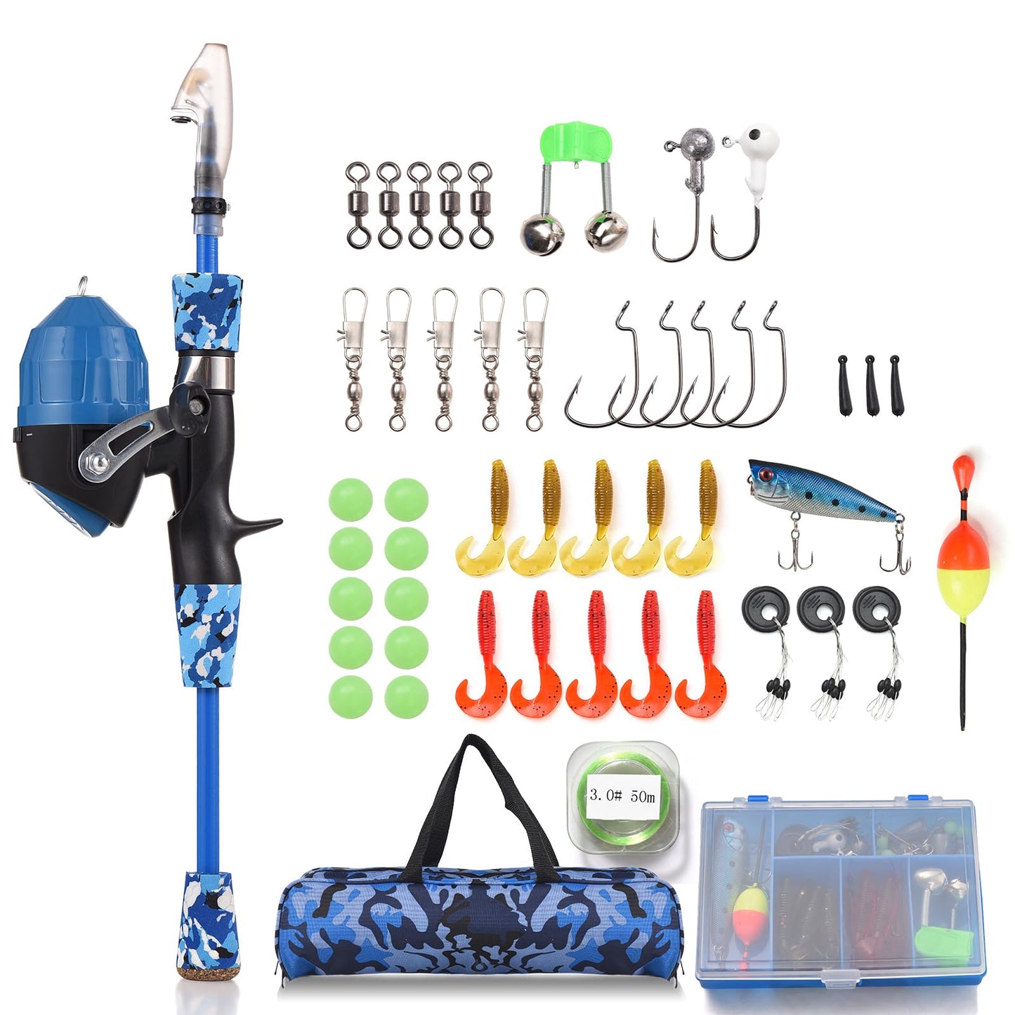 doorslay Kids Fishing Rod and Reel Combo Full Kit 1.2m/1.5m Telescopic Casting Rod Pole with Spincast Reel and Hooks Lures Swivels Carry Bag