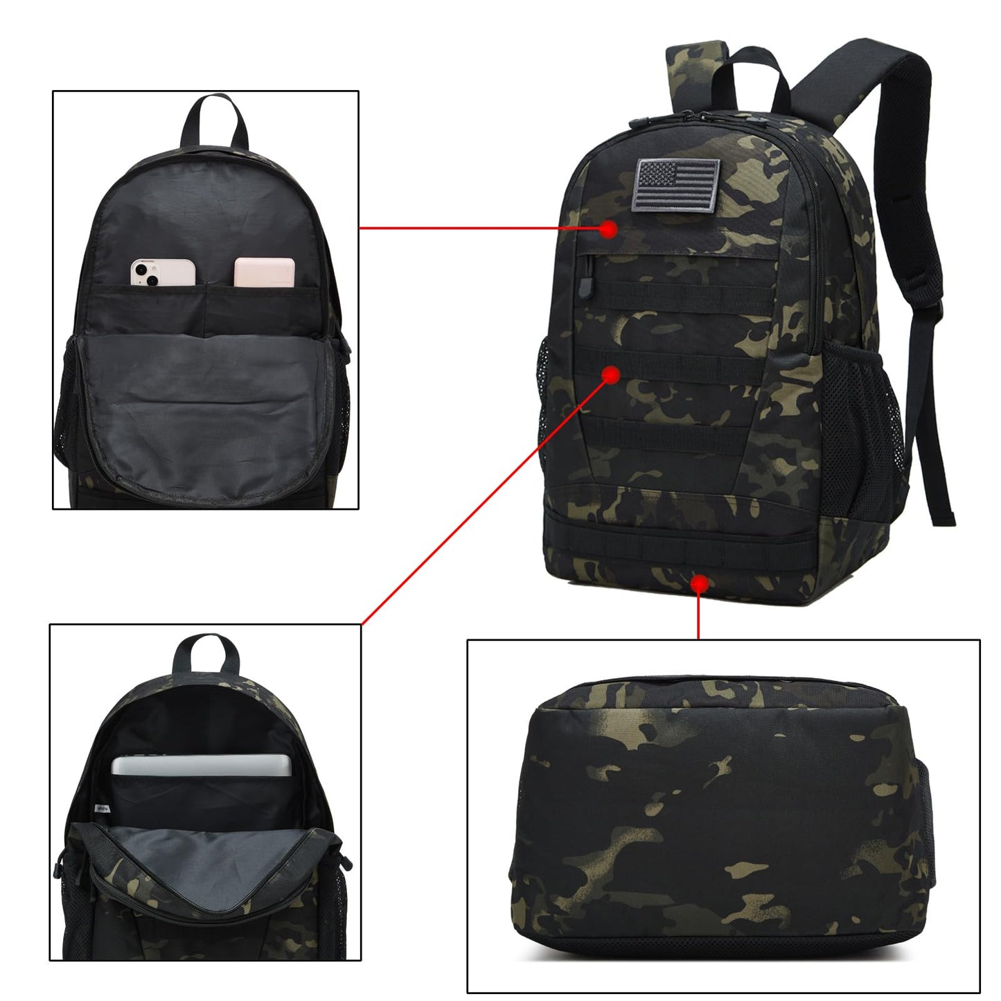 ArcEnCiel Motorcycle Backpack Tactical Bag Army Pack Rucksacks with Patch - Rain Cover Included(Black Camo)