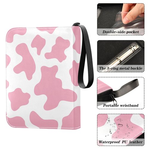 Pink Cow Texture Card Binder for Trading Cards, 4 Pocket with 50 Sleeves up to 400 Cards, Double Sided Pockets Card Holder Carry Case for Baseball Card, Football Card, Gaming Cards
