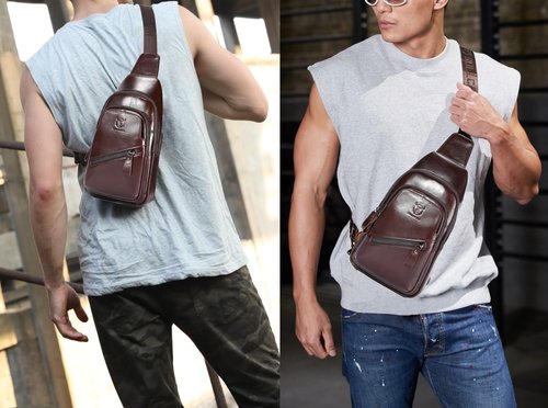BULLCAPTAIN Mens Leather Sling Bag Backpack Casual Outdoor Shoulder Crossbody Chest Bag with USB Charging Port (Coffee)