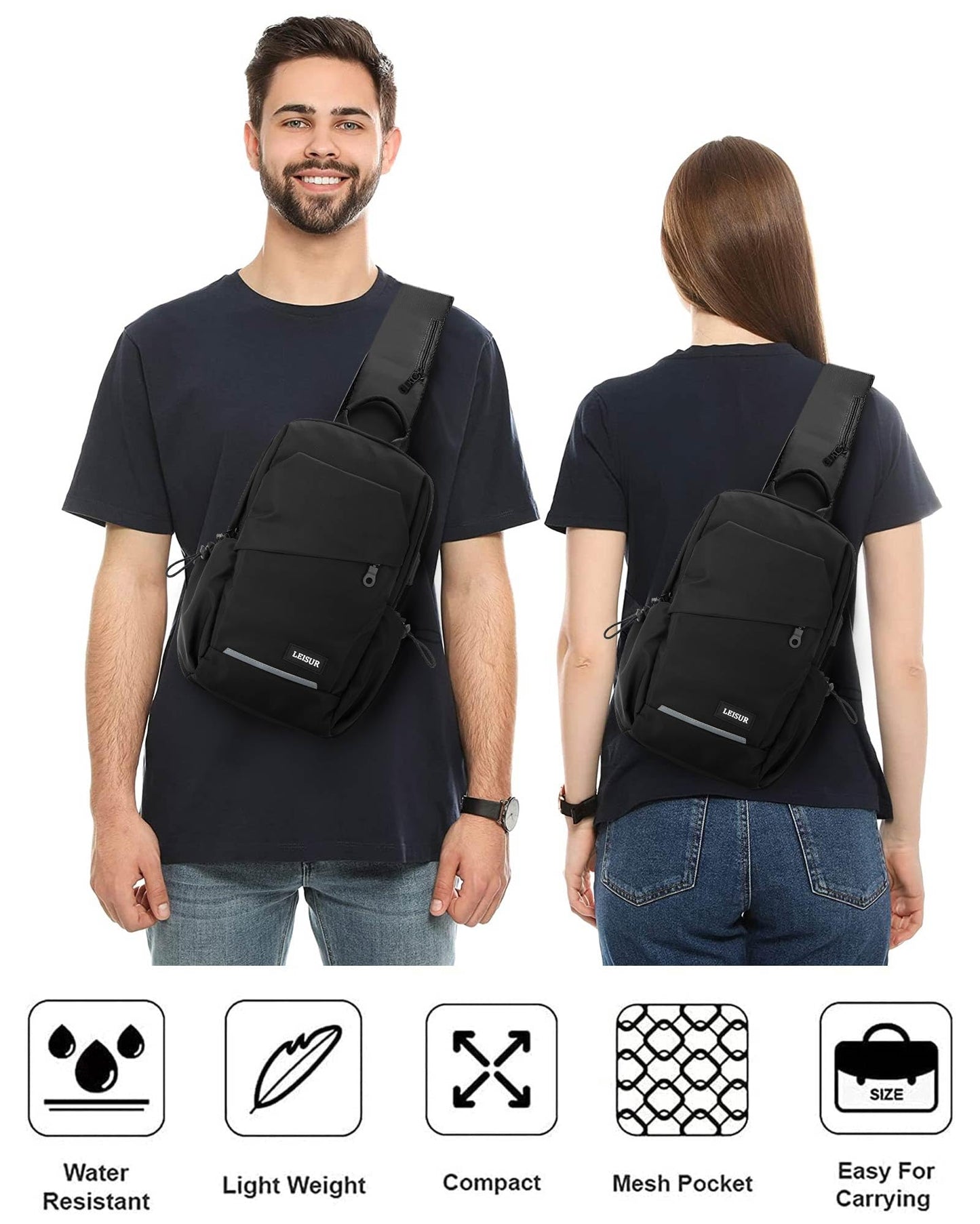 Black Crossbody Sling Backpacks Sling Bag for Men Women, Small Shoulder Backpack Motorcycle Chest Bags One Strap Backpack, Mini Chest Daypack for Casual Travel Hiking Gym Outdoor Sports
