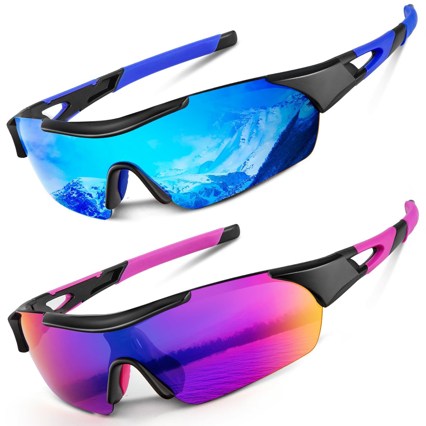 KALIYADI Sports Sunglasses for Men Women, Polarized Sunglasses Men Cool UV400 Protection for Cycling 2 Packs (Purplish Red/Dark Blue)