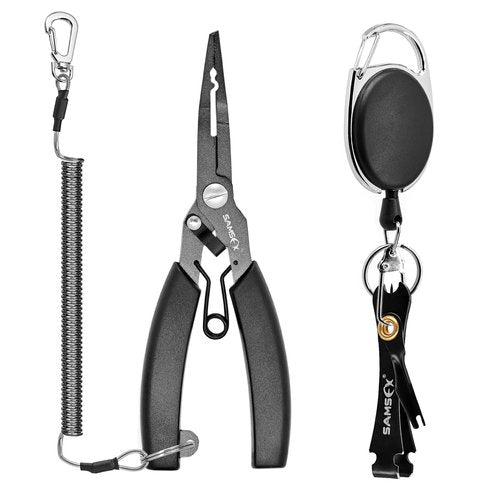 SAMSFX Locking Fishing Pliers Saltwater Resistant Teflon Coated Briad Line Cutters with Wire Coiled Lanyard, Sheath & Quick Knot Tool Combo (Black Color)