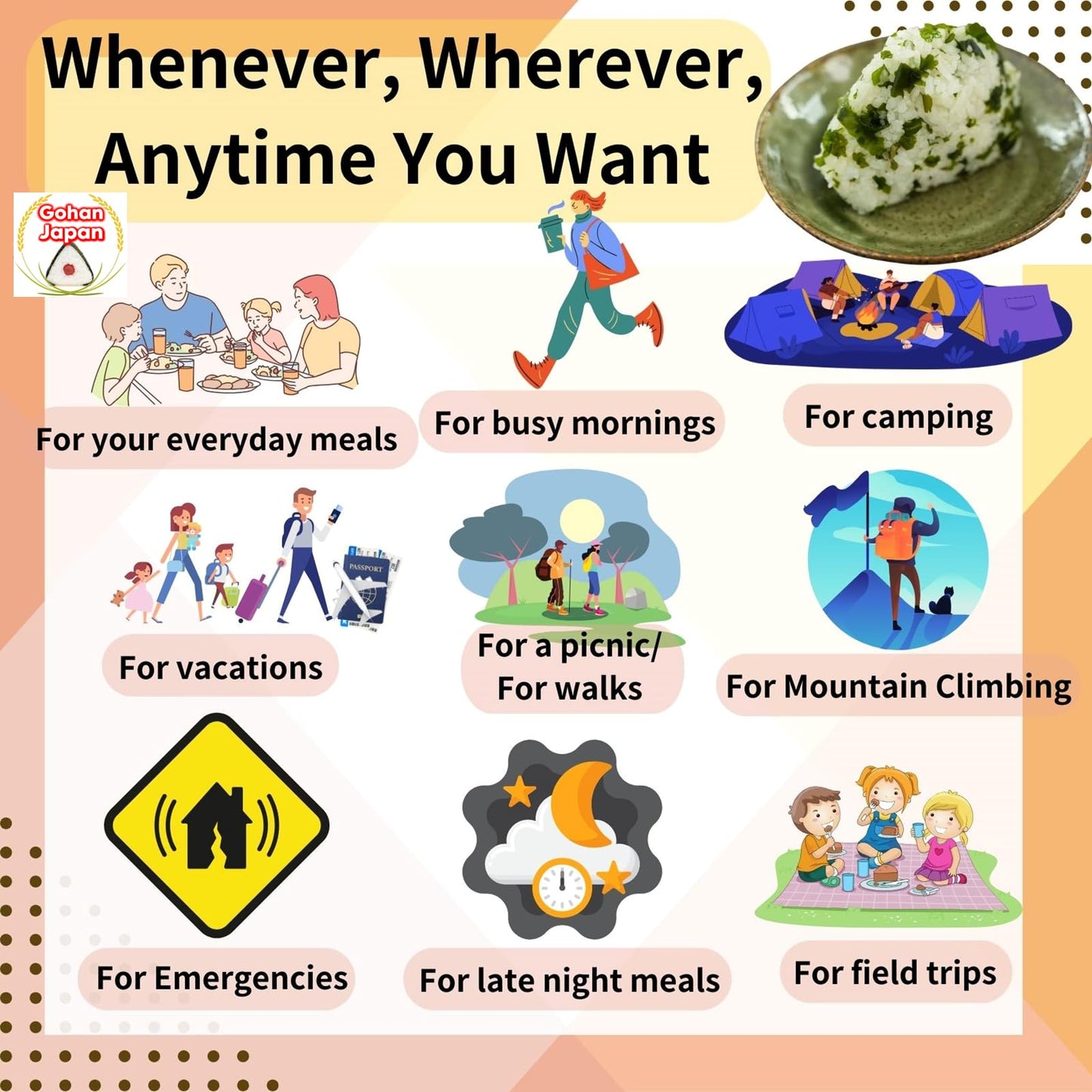 GOHAN JAPAN Seaweed Wakame Onigiri portable 100% Japan based Alpha Dried Rice Ball 42g/1.5 oz(A filling 109g/3.8oz) for Camping Mountain Climbing Emergencies by Onisi Foods Japanese Company (3-Packs, 126, Gram)