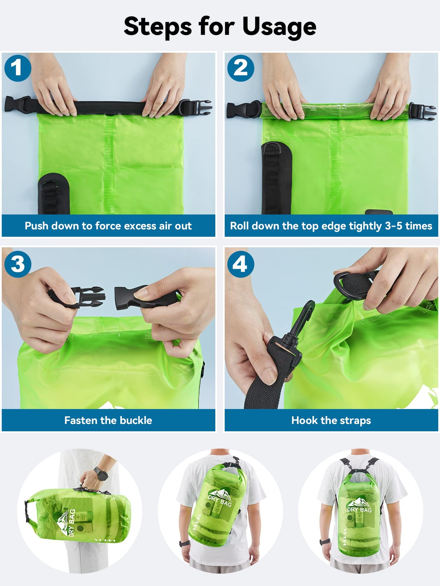 HEETA Dry Bag Waterproof for Women Men, Roll Top Lightweight Dry Storage Bag Backpack with Phone Case for Travel Swimming Boating Kayaking Paddle Board Camping Beach Accessories (Lemon Green, 5L)