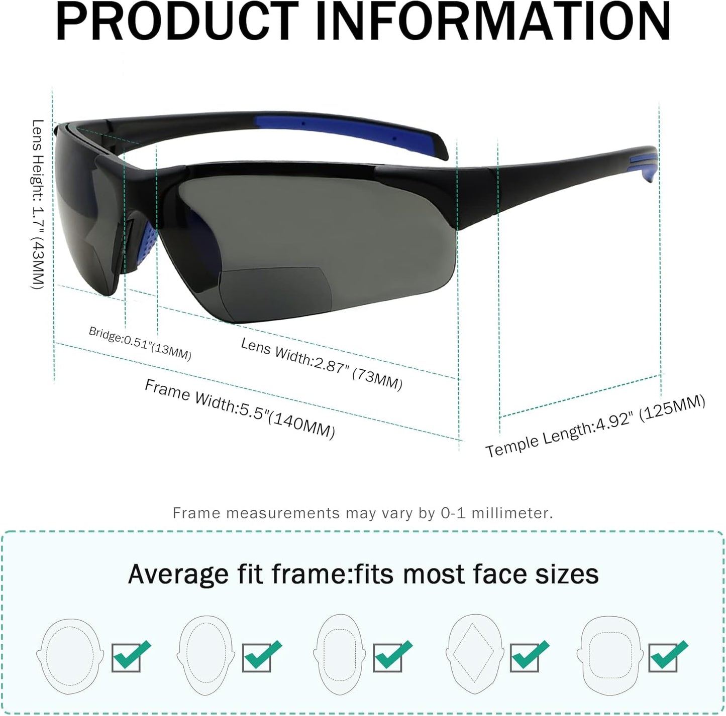 Eyekepper TR90 Unbreakable Sports Half-Rimless Bifocal Sunglasses Baseball Running Fishing Driving Golf Softball Hiking